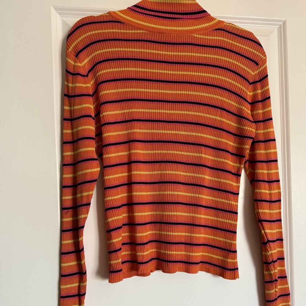 Vintage 90s Anne Klein Turtleneck Sweater Top Silk Striped Orange Yellow
